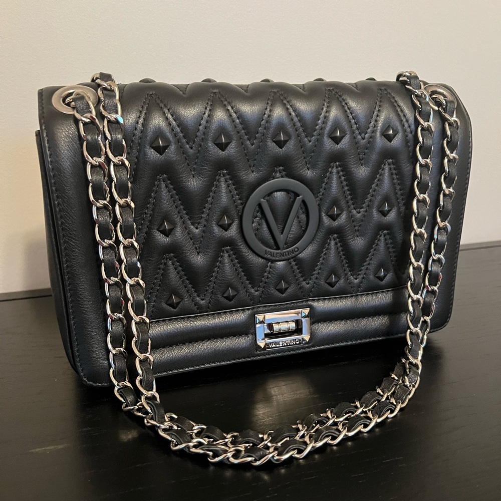 MARIO VALENTINO Alice Diamond Quilted Leather Shoulder Bag Black